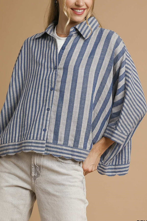 Casual Striped Scallop Edges Blouse