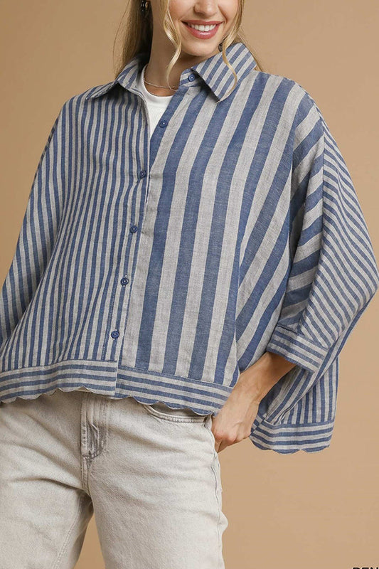 Casual Striped Scallop Edges Blouse