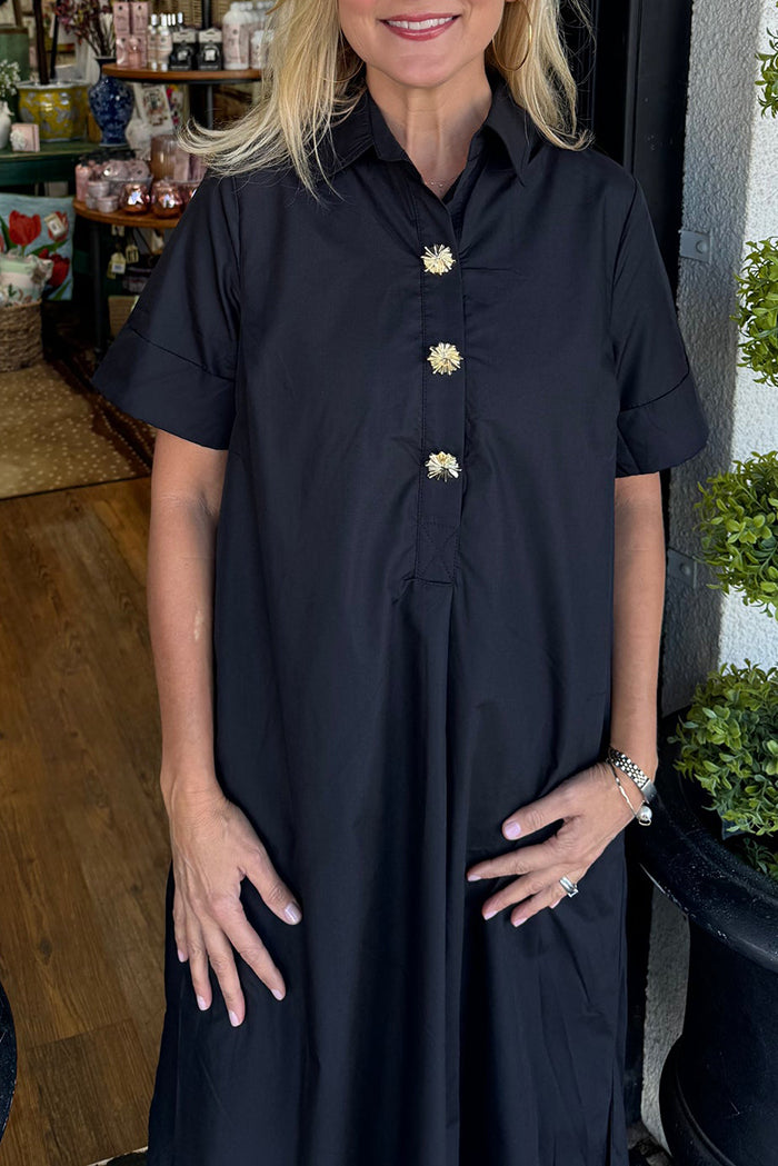 Gold Button Front Collared Pocket Black Maxi Dress
