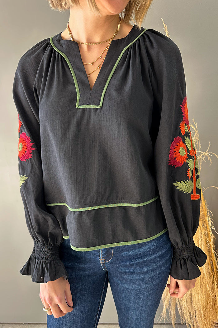 Casual V-Neck Embroidered Top