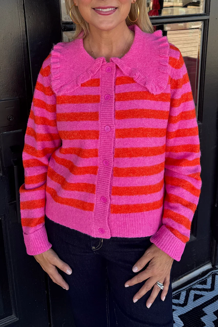Striped Knit Ruffle Collar Button Front Long Sleeve Cardigan