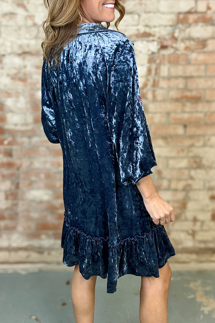 Velvet Floral Embroidered Shirt Collar Ruffled Mini Dress