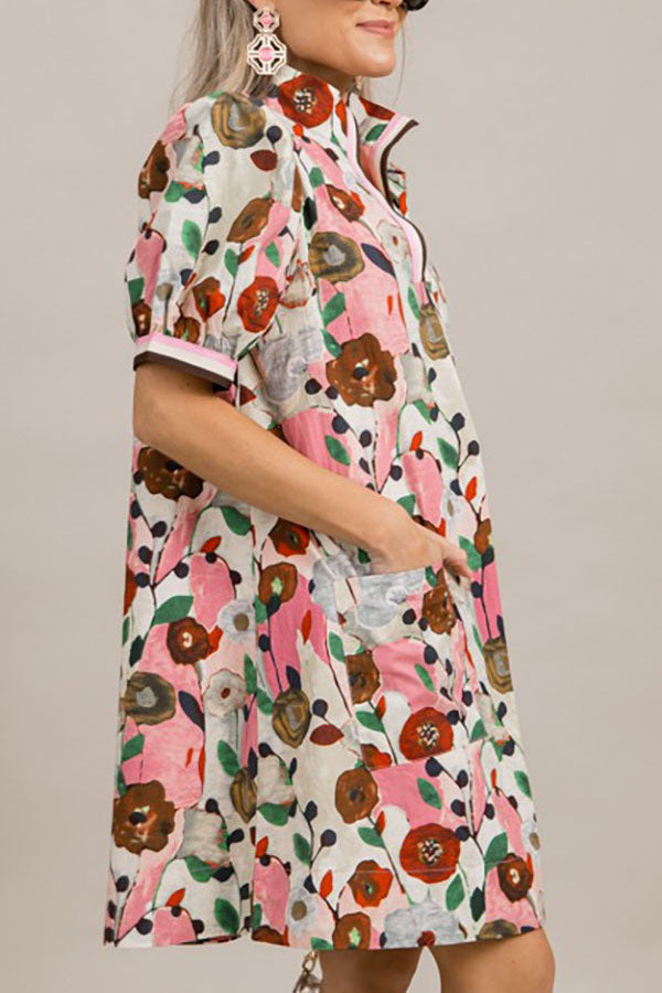 Floral Puffy Sleeves Pocket Dress