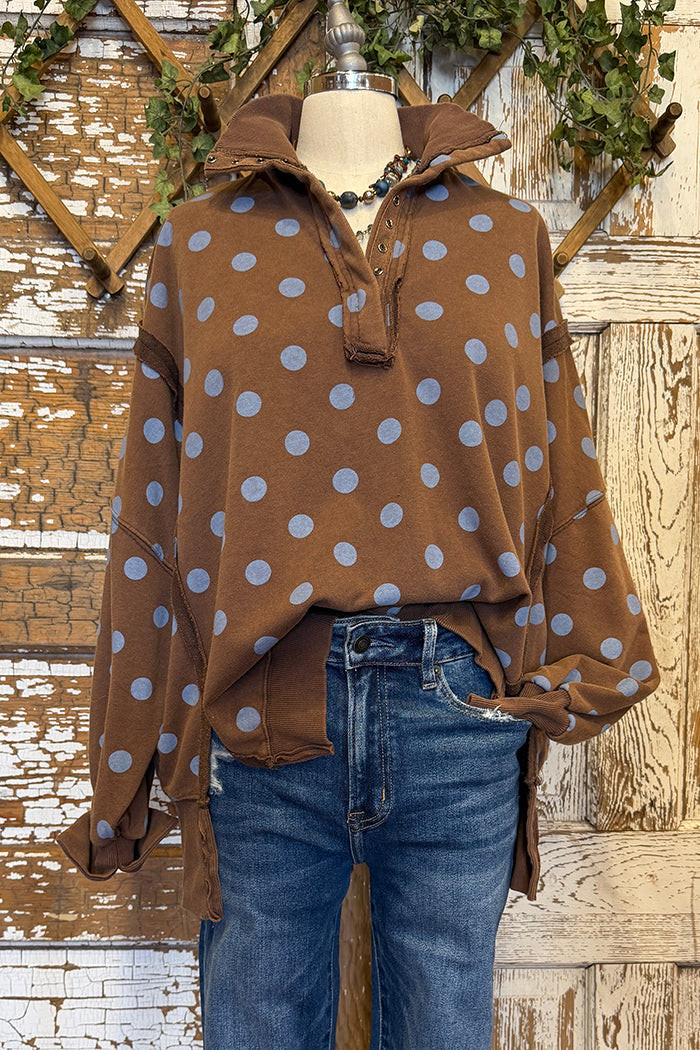 Brown Polka Dot Collared Sweatshirt