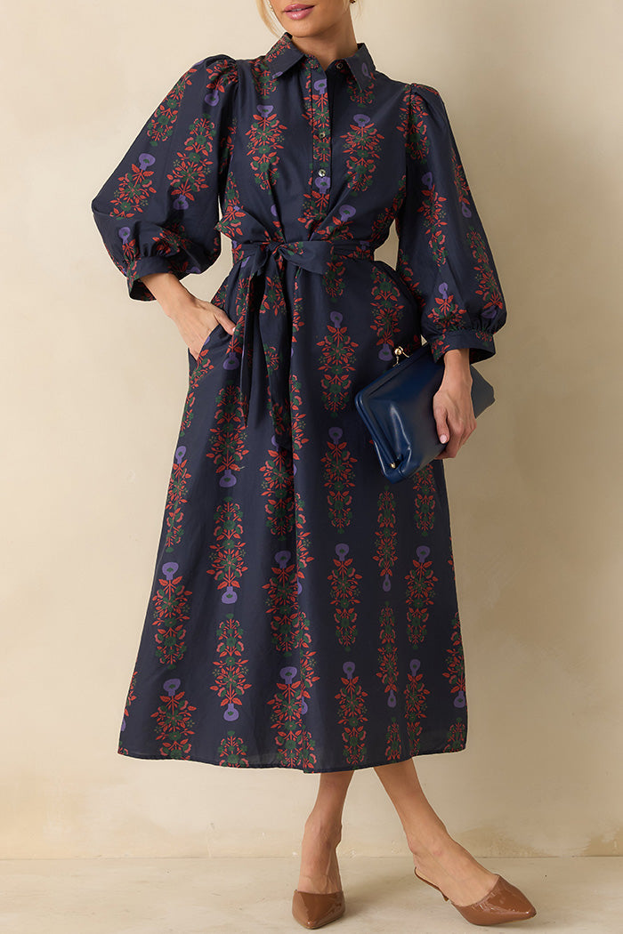 Navy Multi Floral Print Button Up Pocketed Maxi Dress