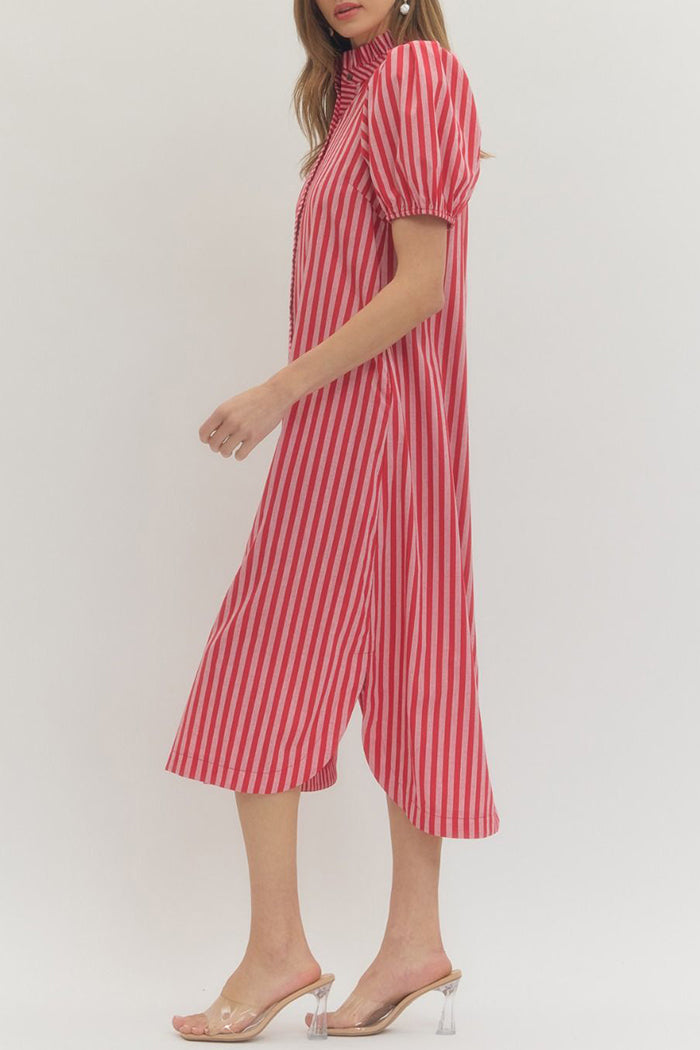 Striped Ruffle Neck Pocket Maxi Dress