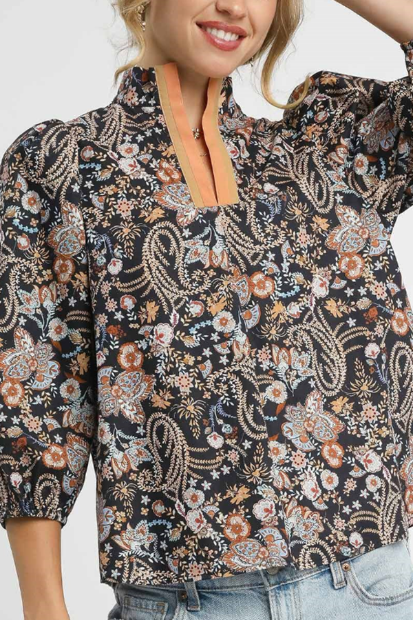 Contrast Trim Split V-Neck Floral Top