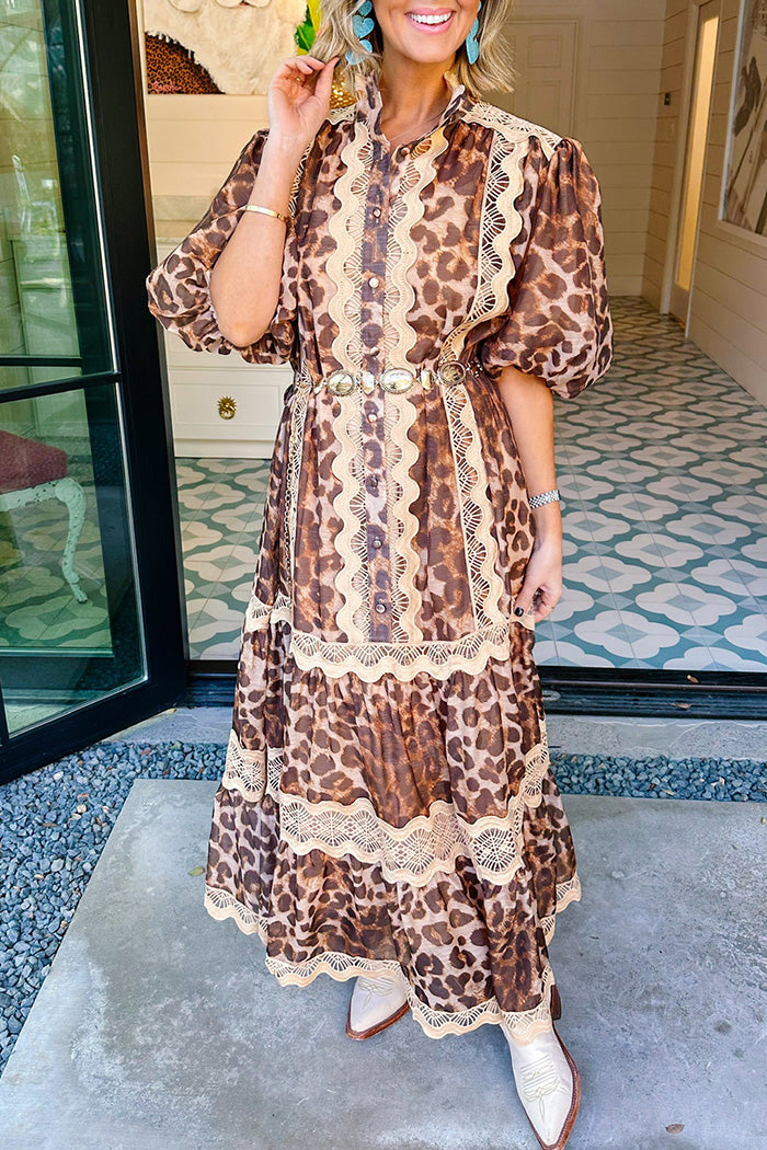 Leopard Lace Button Front Belted Midi Dress