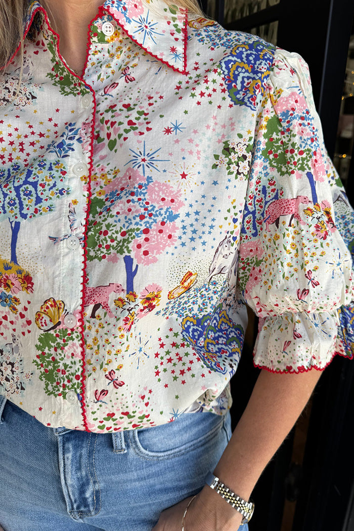 Puff Sleeve Printed Contrast Top