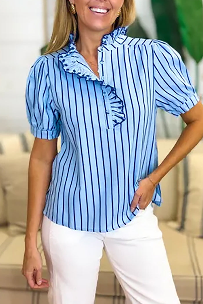 Vertical Stripe Ruffle Trim Top