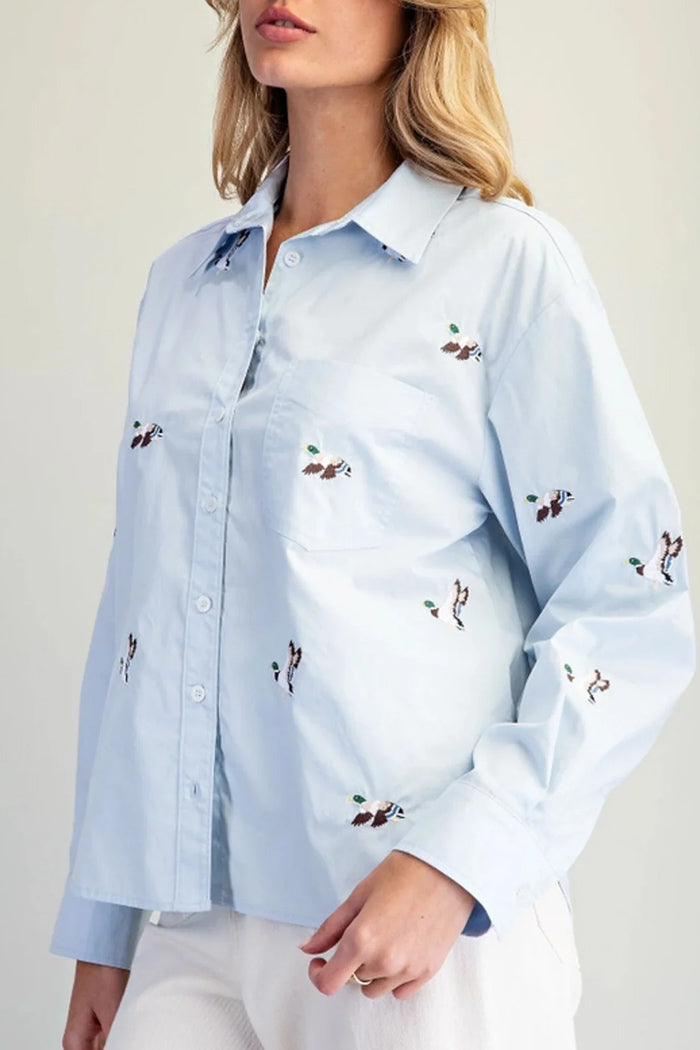 Sky Blue Embroidered Duck Button Up Top