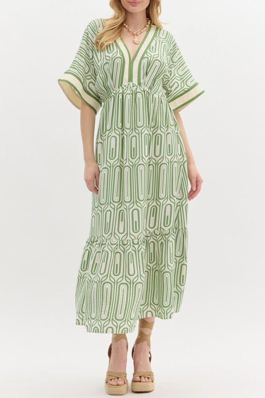 Striped Trim Abstract Print Dress