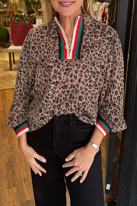Leopard Print Stripe Trim Top
