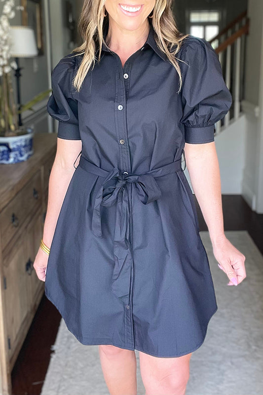 Button Up Tie Waist Shirt Dress