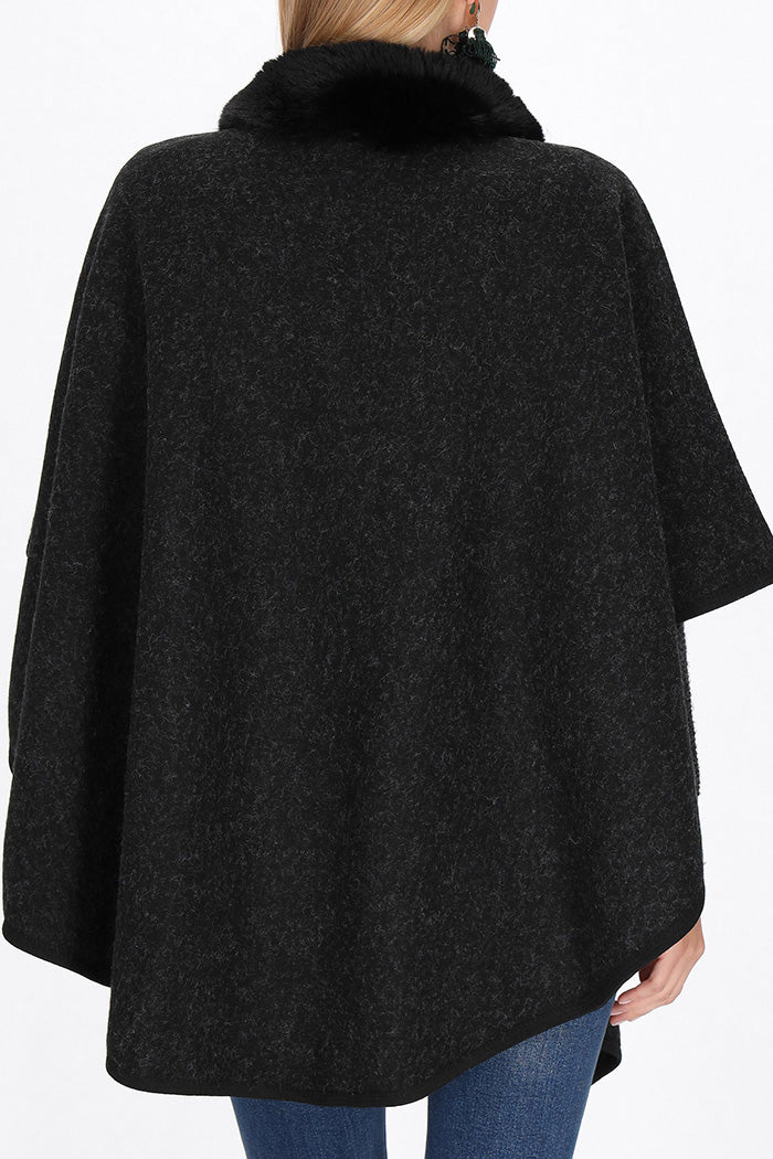 Furry Collar Casual Slip-On Poncho