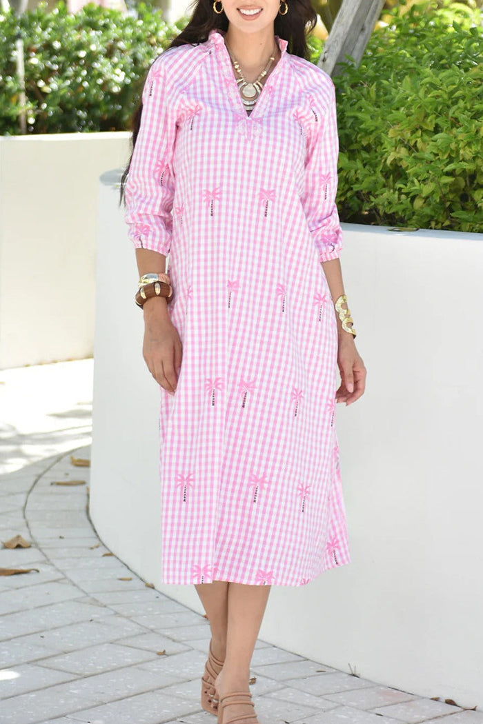 Pink Long Sleeve Gingham Plaid Dress