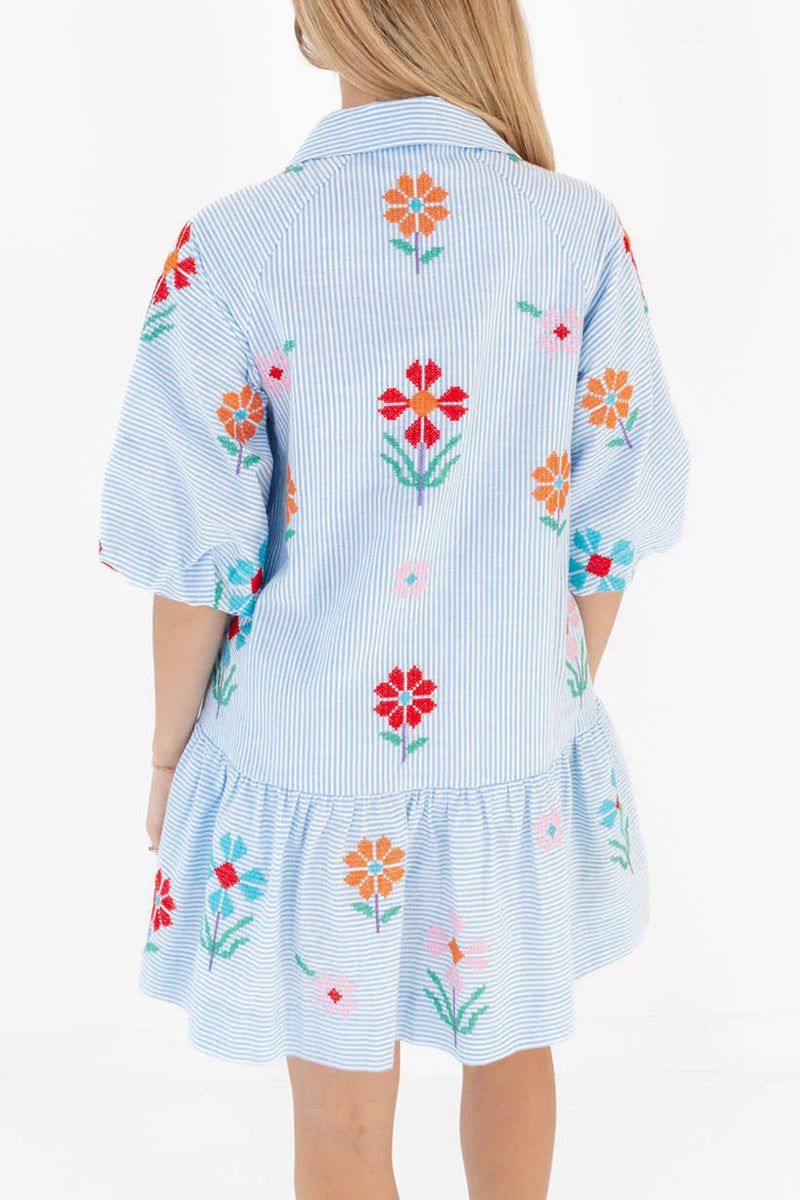 Striped Puff Sleeve Floral Dress