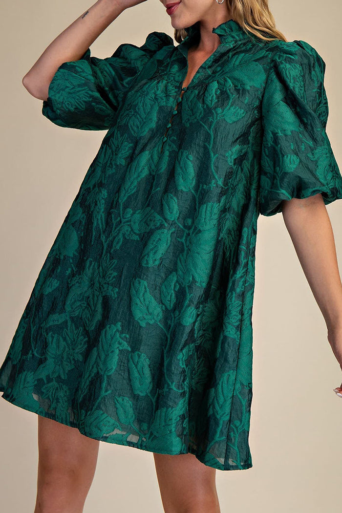 Puff-Sleeve Buttoned Shift Dress