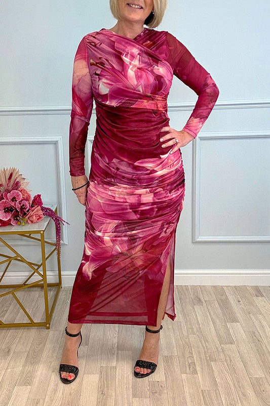 Lily Print Side Slit Long Sleeve Dress