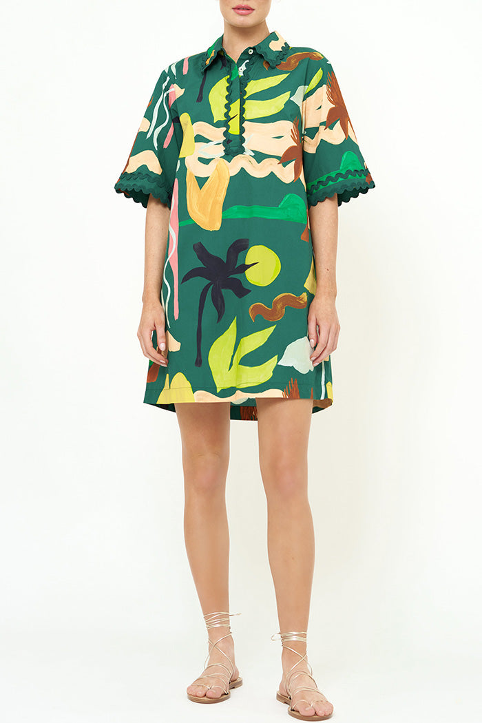 Printed Ric Rac Collared Mini Shirt Dress