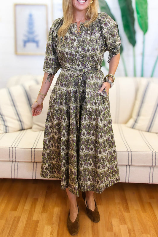 Pocketed Floral Print Belted Puff Sleeve Midi Dress