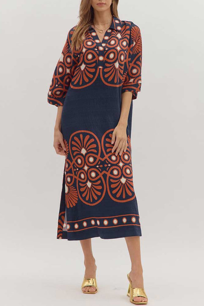 Pocketed Geometric Print Midi Dress