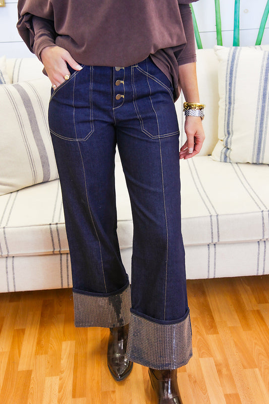 Sequin-Cuff Flare Pocket Jeans