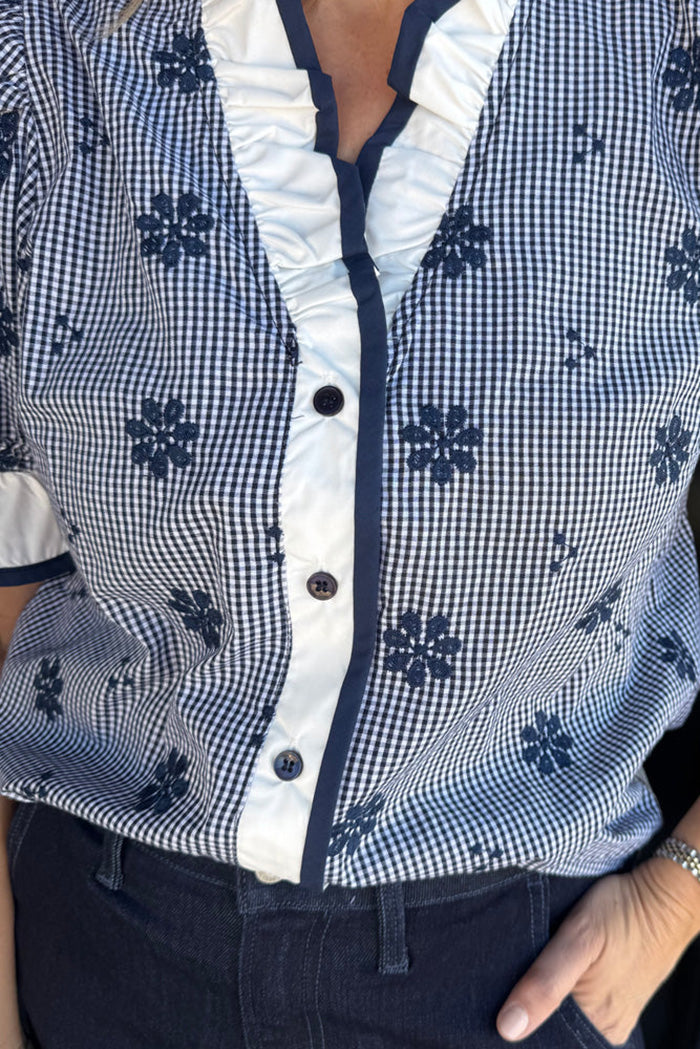 Button Front Floral Embroidery Top