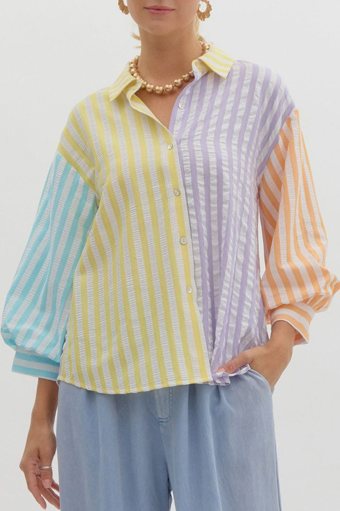 Striped Color block Button Top