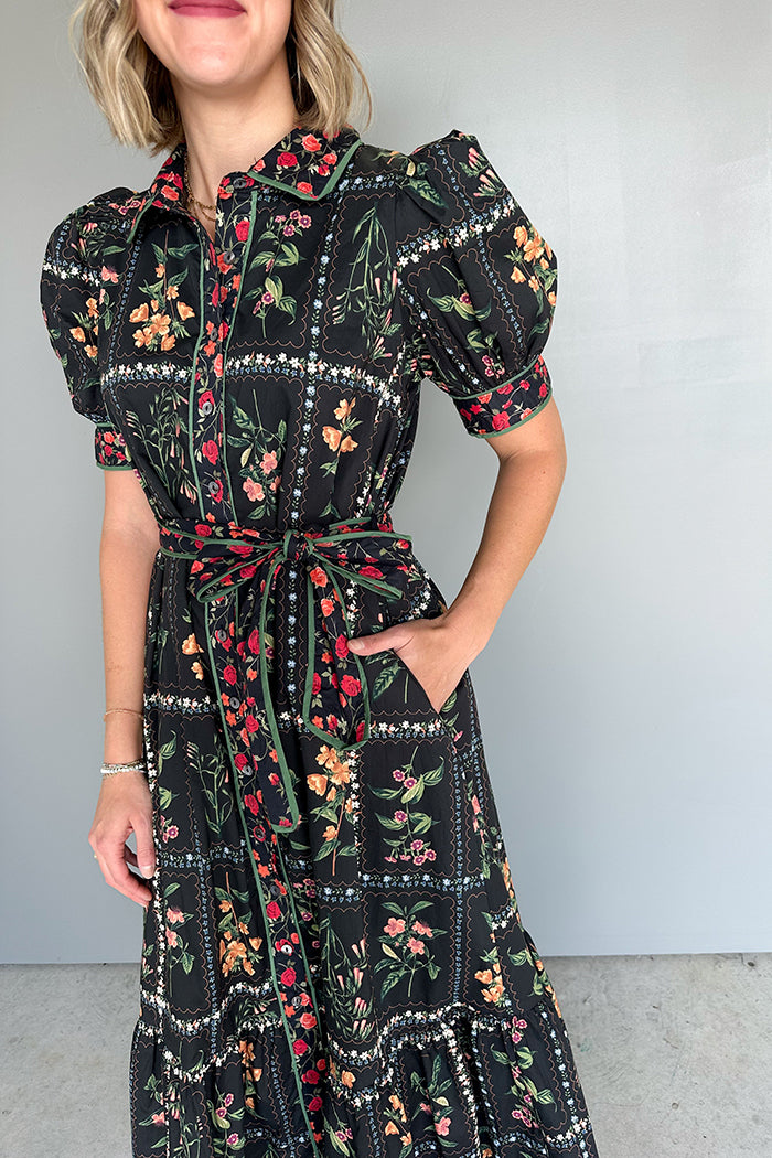 Floral Checkered Puff-Sleeve Pocketed Midi Dress