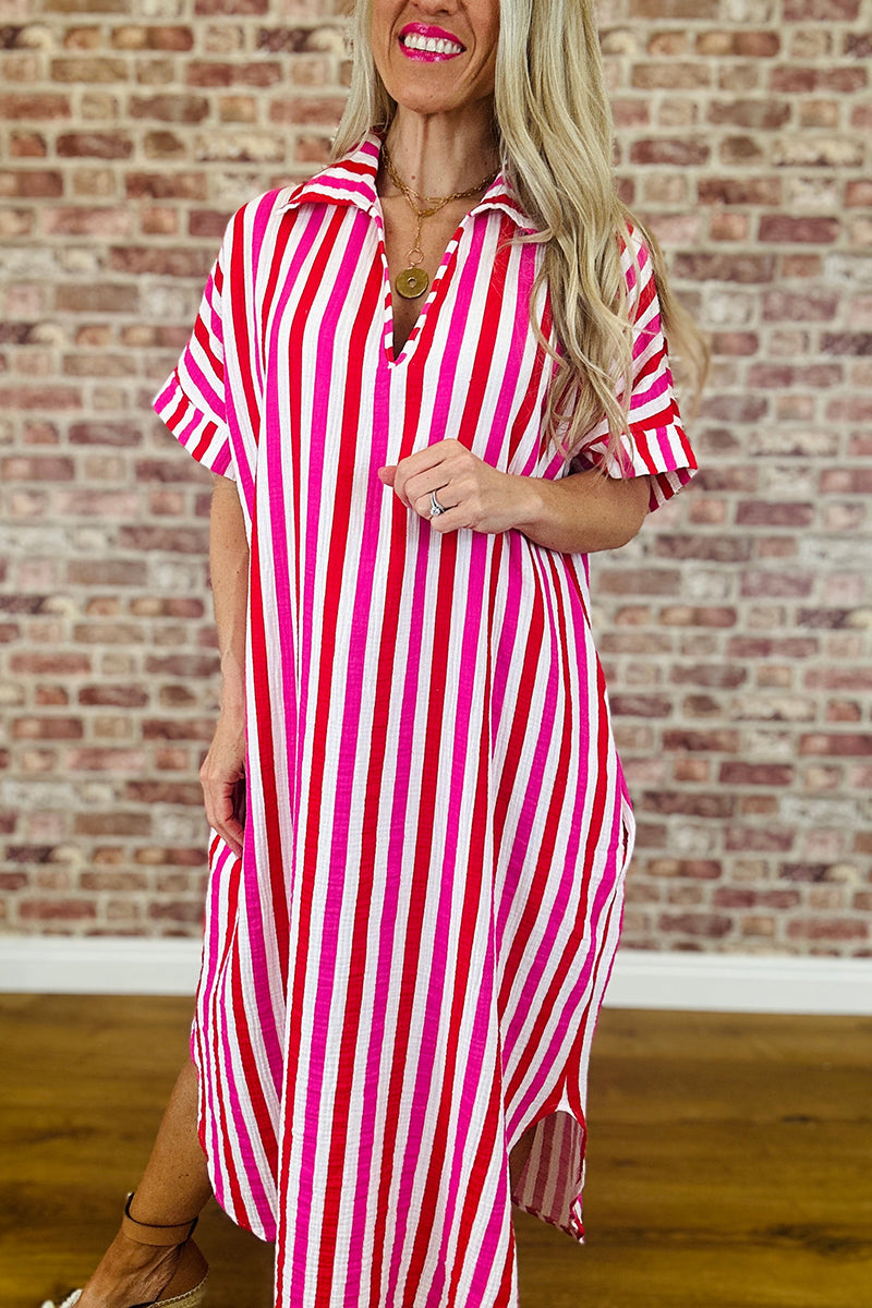 V-Neck Striped Midi Dress