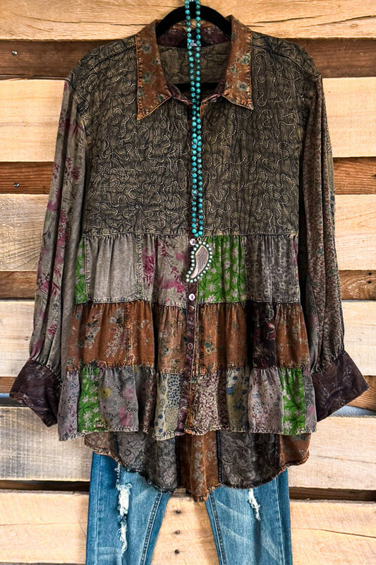 Oversized  Patchwork Ruffle Tiered Top