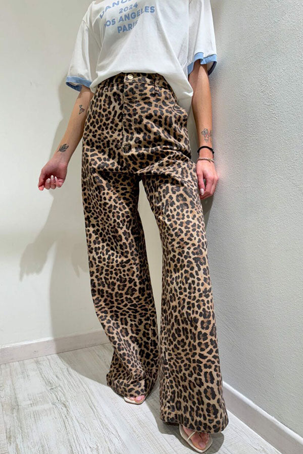 Casual Leopard Print Wide Leg Pants