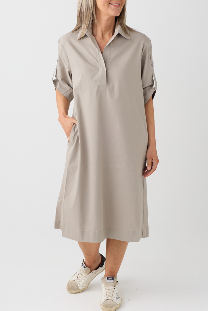 Khaki Collared Pocket Midi Dress