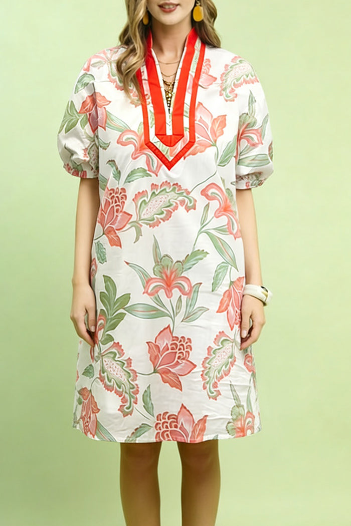 Short Sleeve Contrast Trim Floral Dress