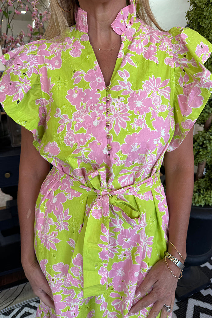 Floral Flutter Sleeve Belted Maxi Dress