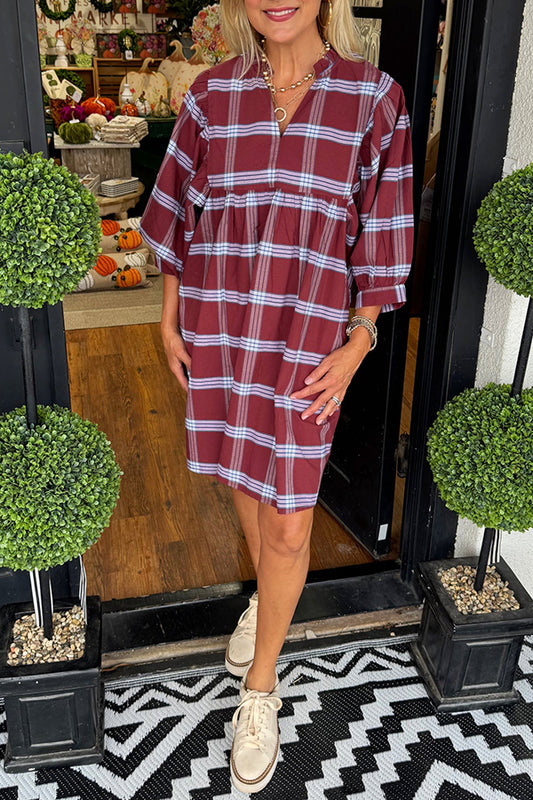 Casual Puff Sleeve Plaid Dress