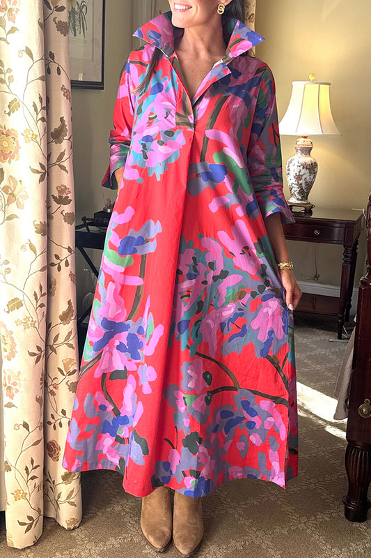 Watercolor Floral Collared Pocket Maxi Shirt Dress