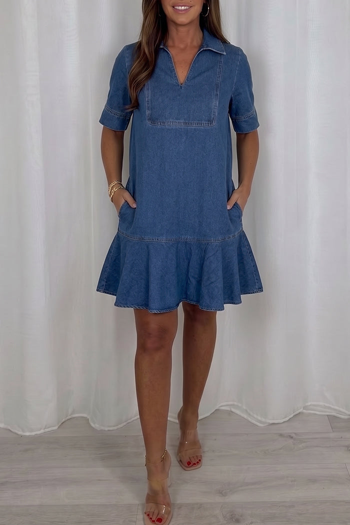 Denim Pocketed Ruffled Hem Dress