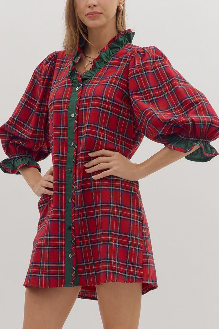 Holiday Ruffled-Neck Pocketed Button-Front Plaid Mini Dress