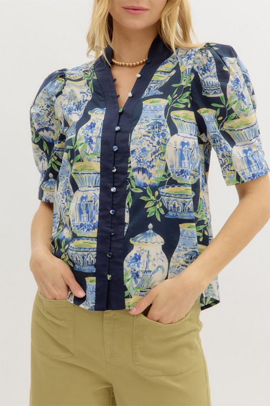 Porcelain Print Puff Sleeve Button Top