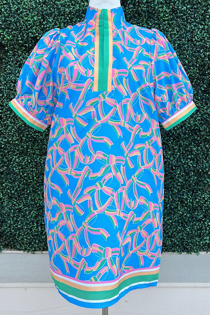 Stripe Trim Bow Print Pocket Dress