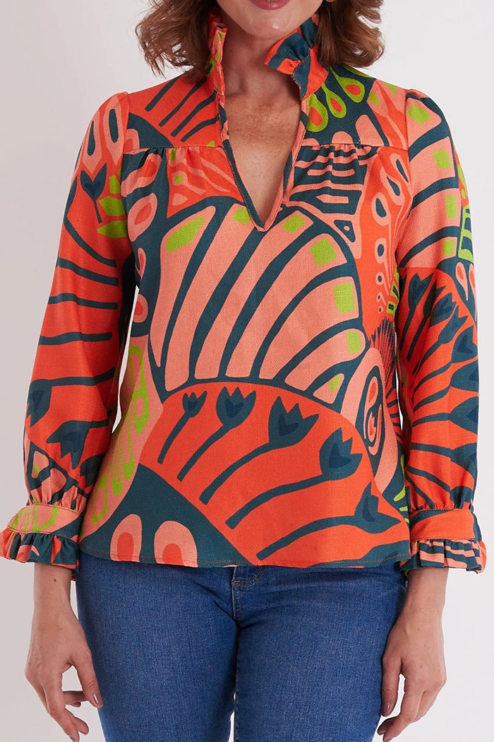 Artistic Print Ruffled Collar Blouse