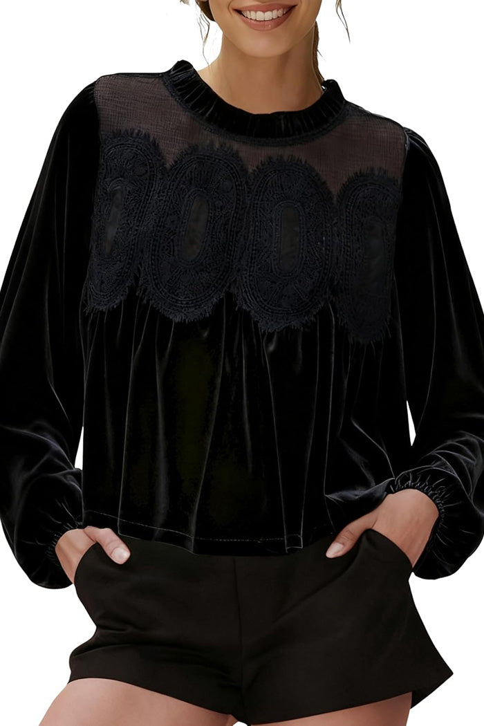 Velvet Trim Lace Puff Sleeve Top