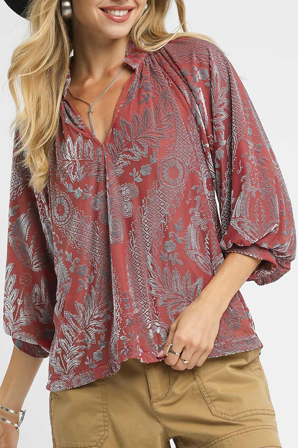Damask Velvet Split Neck Top