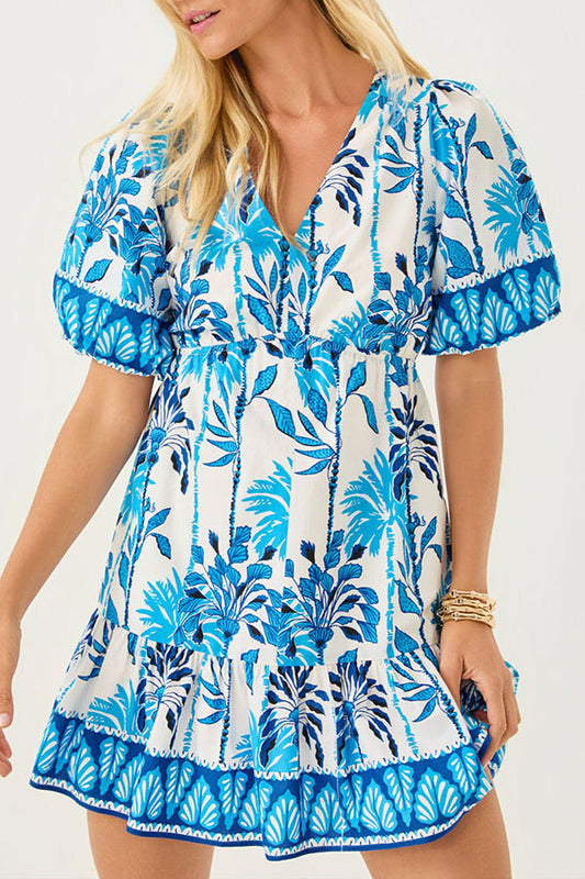 Plant Pattern Puff Sleeve Dress