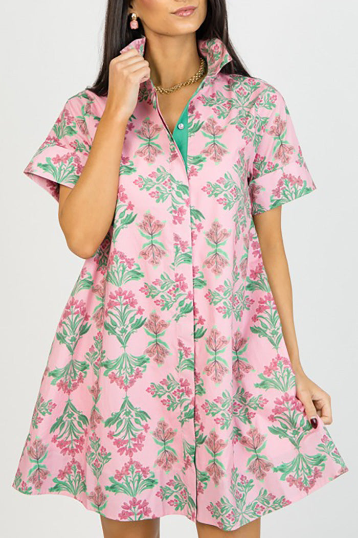 Pocketed Floral Print Button Down Dress