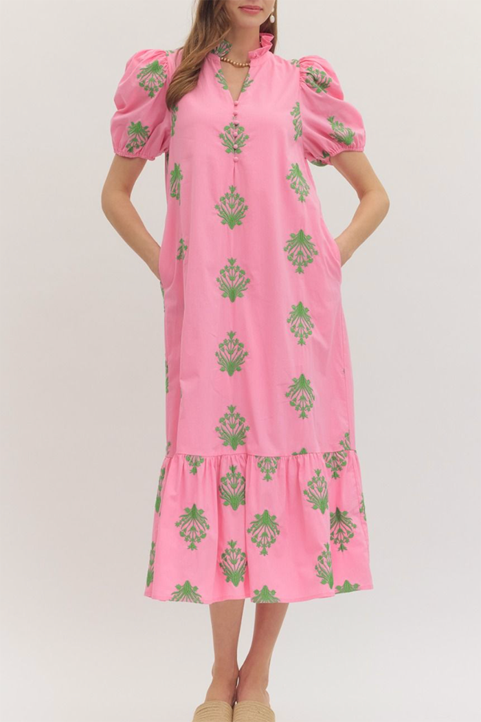 Ruffle Neck Short Puff Sleeve Pocket Midi Dress
