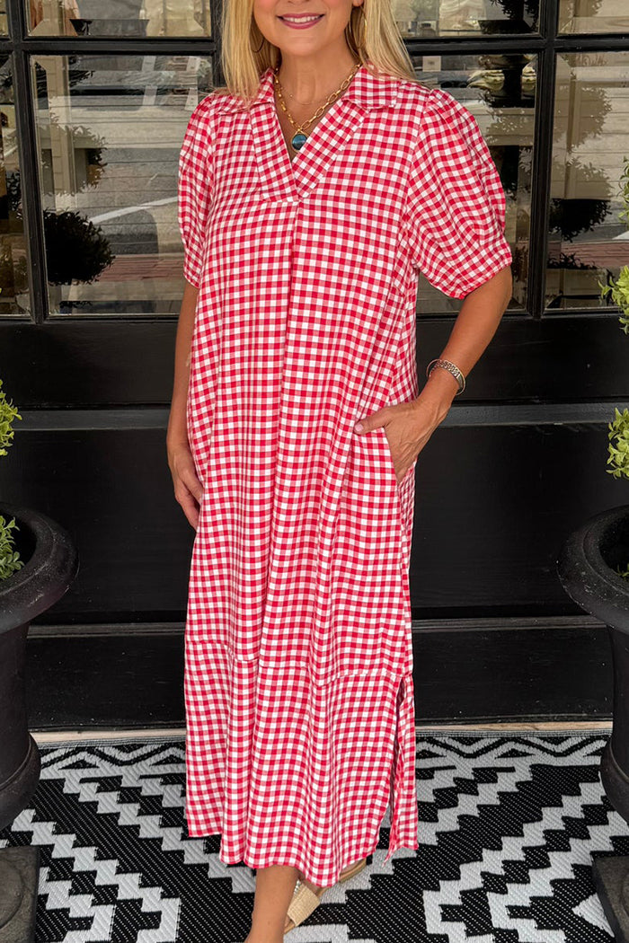 Collared Short Sleeve Gingham Pocket Side Slit Dress