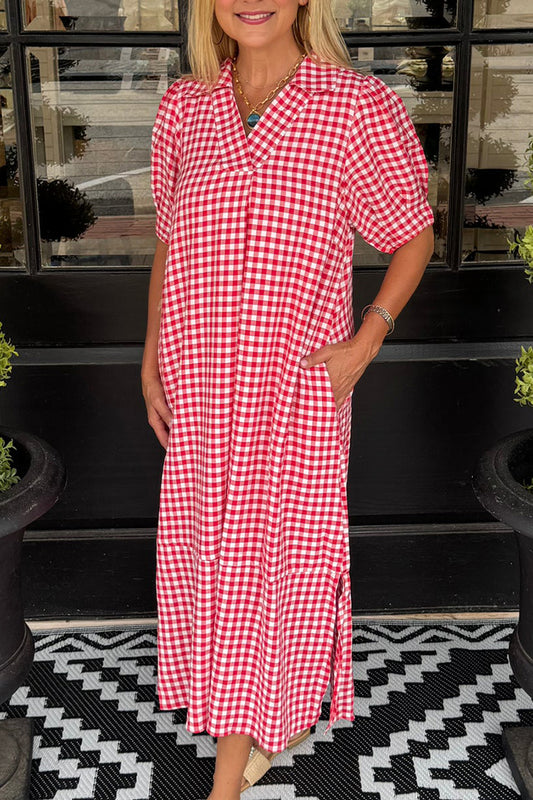 Collared Short Sleeve Gingham Pocket Side Slit Dress